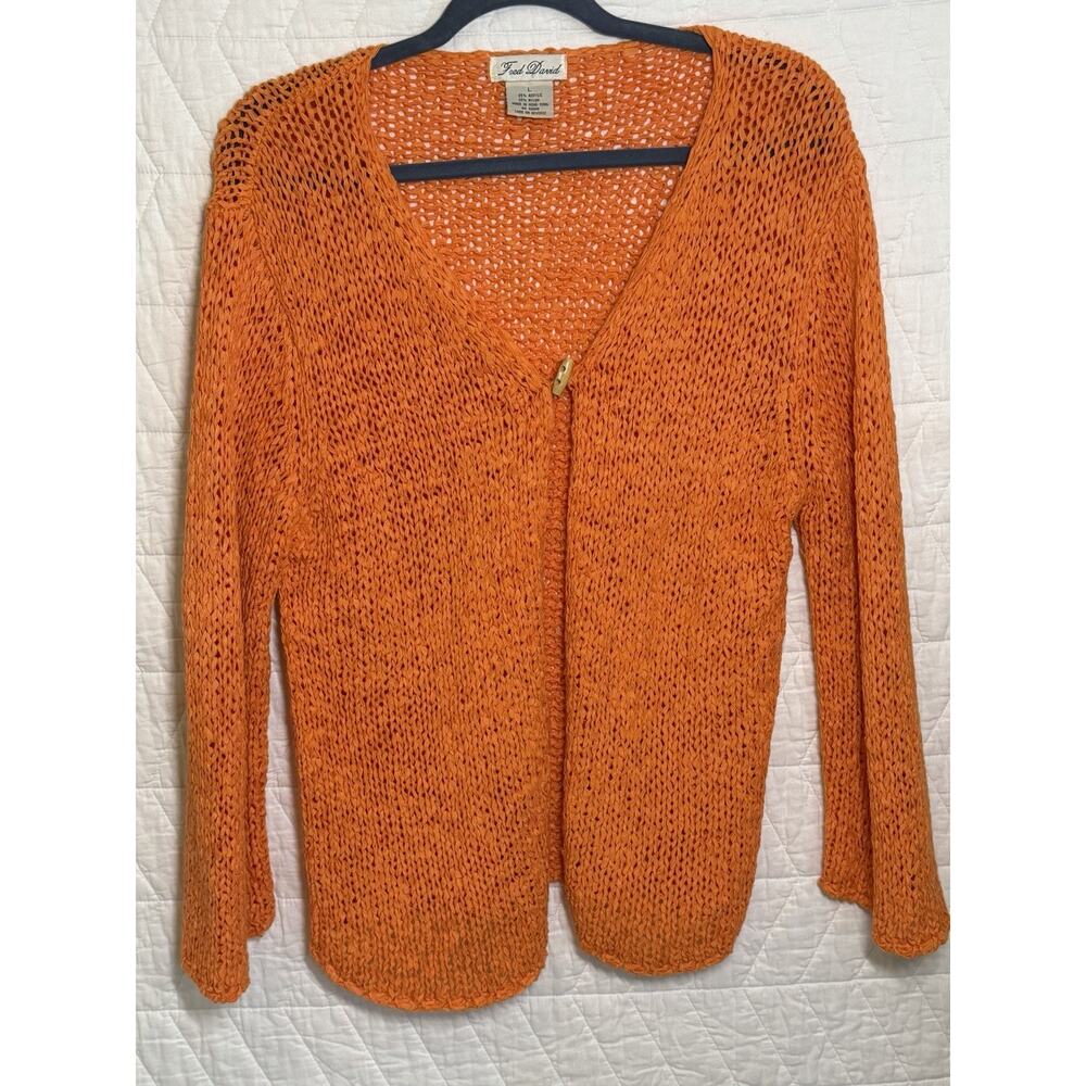 Fred David cardigan sweater Crochet orange Long Sleeve toggle button Sz L